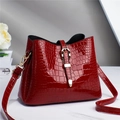 Red crocodile pattern tote bag with high gloss finish and golden metal buckles - Red