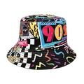 Detailansicht eines 90er-Jahre Fischerhutes mit bunten Graffiti-Prints und Mustern - M (56-58cm) / Schwarz 90s