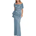 Elegant navy blue mermaid satin evening gown with off-shoulder neckline and pleated waist - US size 14 (XL) / Top And Bottom / Grey Blue