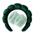 Dark green velvet sponge headband and light mint green plush wristband set for face washing - Velvet Green Headband + 2 Wristbands