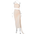 Detail view of the side cutout and pleated texture on this apricot one-shoulder dress - S / Apricot