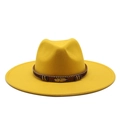 Bright yellow wool felt Fedora hat with brown braided band and metallic feather charm - M (56-59cm) / Yellow