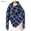Navy blue and white checkered faux cashmere scarf with elegant fringe details - 140x140cm / 41# Navy Blue
