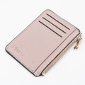 Light pink litchi pattern leather card holder with three slots and golden zipper - Pink