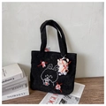 Detail of black corduroy tote bag with cartoon embroidery and cow plush keychain - Rabbit Milk Tea Black