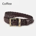 Handwoven coffee brown leather belt with vintage square metal buckle for a retro look - Coffee