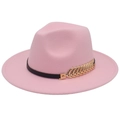 Close-up of pink wool fedora hat featuring black band and golden metal leaf detail - M(56-58cm) / Pink (Golden Leaf)