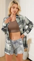 Close-up of green plaid shirt with single-breasted buttons and distressed denim shorts - S / Tops / Green