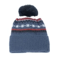 Detail of blue winter knit hat with pom-pom and Nordic snowflake pattern design - Navy Blue