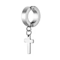 Polished silver stainless steel clip-on hoop earring with a cross pendant for unisex - Square Cross / Ear Clip (Non-Pierced) / Steel