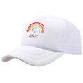 White trucker hat with rainbow print and I'M HAPPY text featuring a breathable mesh back - All White
