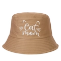 Brown cotton bucket hat featuring white Cat Mom embroidery with cute kitten ears - Adjustable / Khaki