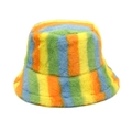 Close-up detail of plush rainbow striped bucket hat with colorful faux fur texture - Yellow Orange Blue Green (2#)
