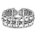 Polished stainless steel biker chain bracelet with skull embossed details for men - Steel Color (KB58225-D)