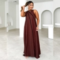 Women's minimalist sleeveless brown linen maxi dress with diagonal black stripes design - S / Dark Brown