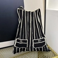 Minimalist black and white striped pleated knit bag with lettered LP patch pockets - Black Stripes (LP Letters)