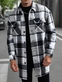 Men's long sleeve checkered shirt jacket in black and white plaid wool blend fabric - S / Black