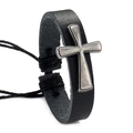 Vintage black braided leather bracelet with a silver metal cross for men and women - Cross Type C