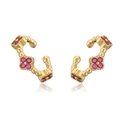 Luxurious gold clover ear cuff featuring colorful zircons and intricate beaded texture - Gold Plated Rose Red Zirconia