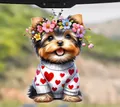 Cute Yorkshire Terrier acrylic car pendant with flower crown and heart sweater - 37-Sweater Yorkie
