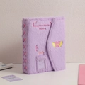 Detail of purple plush photo album featuring pink ribbon binding and sweet love embroidery - Purple (No Inner Pages)