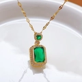 Vintage emerald cut green zircon necklace with gold-plated geometric chain and crystals - Emerald Necklace / Gold