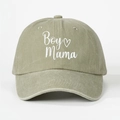 Detail view of white Boy Mama embroidery on olive green washed cotton baseball cap - One Size / Light Khaki