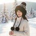 Winter plaid earflap hat with black faux fur pom-poms and warm orange knit pattern - Pocket Multi-Pom Style / Black