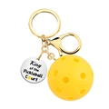 Yellow pickleball keychain with King of the Pickleball Court engraved on a metal tag - King of the Pickleball Court (Silver Tag)