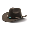 Détail d'un chapeau de cowboy marron foncé avec pierre turquoise et bandeau en cuir tressé - M (56-58cm) / Marron