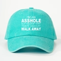 Close-up of embroidered text on the blue washed cotton baseball cap fabric texture - Lake Blue