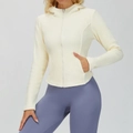 Slim fit cream fleece hooded jacket with full zipper and side pockets for outdoor sports - S / Cream Apricot