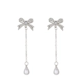 Sparkling silver bow earrings with diamond accents and teardrop pearls in long drop style - Alloy/Faux Pearl/Artificial Crystal / Long Bowknot Pearl Drop Earrings