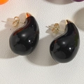 Minimalist black enamel teardrop earrings with elegant golden studs and high glossy finish - Black