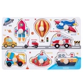 Wooden peg puzzle for toddlers featuring colorful transport shapes like rocket and aircraft - Transport Mini Peg Puzzle