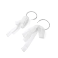 Detail view of handmade white chiffon bow earrings with round silver needle hoop design - White