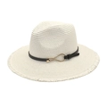 Close-up of summer straw sun hat with black leather band and gold metal buckle detail - M (56-58cm) / Pure White