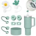 Light green Stanley cup accessory set with daisy straw covers and silicone spill stoppers - Light Green Cactus & Daisy Set