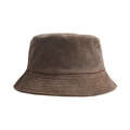 Close-up of deep brown corduroy bucket hat showing vertical ribbed texture and soft fabric - Camel