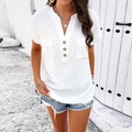 White V-neck short sleeve shirt with chest pockets and polka dot textured fabric - White