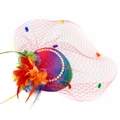 Colorful gradient fascinator hat with pearls, feathers, and red mesh netting - Rainbow