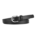 Women black leather belt featuring a classic silver C-shape metal buckle and stitching - L 106cm W 1.8cm / Black-Silver Buckle