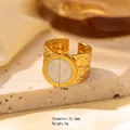 Golden titanium steel wide open ring with roman numerals and white enamel inlay - Adjustable Open / Gold Roman Numerals White Enamel Wide Hammered Band (JOM25038)