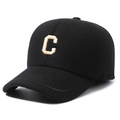Men's winter baseball cap in black with warm fleece and embroidered C letter logo - Adjustable / Black (C Label Gold Embroidery)