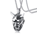 Gothic Hannya mask pendant necklace in silver stainless steel with long metal chain - Silver Hannya Mask Style