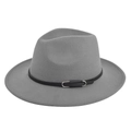 Detalle de sombrero de lana gris con banda de cuero negro y hebilla de metal plateado - M (56-58cm) / Gris