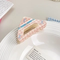 Pink checkered hair claw clip with blue bow design and polished acrylic finish - Pink Plaid Triangle
