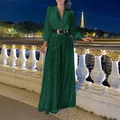 Detail of elegant V-neck satin top and sequin maxi skirt with metallic belt - Dark Green with Belt