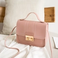 Chic lotus pink crossbody flap bag with white contrast stitching and gold lock - Pink