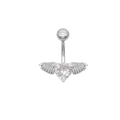 Détail macro du piercing de nombril en argent avec cœur en cristal et ailes ciselées - Style Cœur Ailes Argent Strass Blanc (24061901-1)